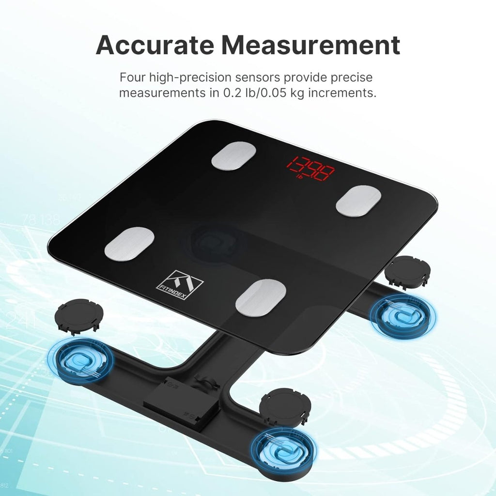 Showlu Fashion Store FITINDEX Smart Digital Bathroom Scale showing body weight, BMI, body fat, muscle mass, and 13-body composition analysis.