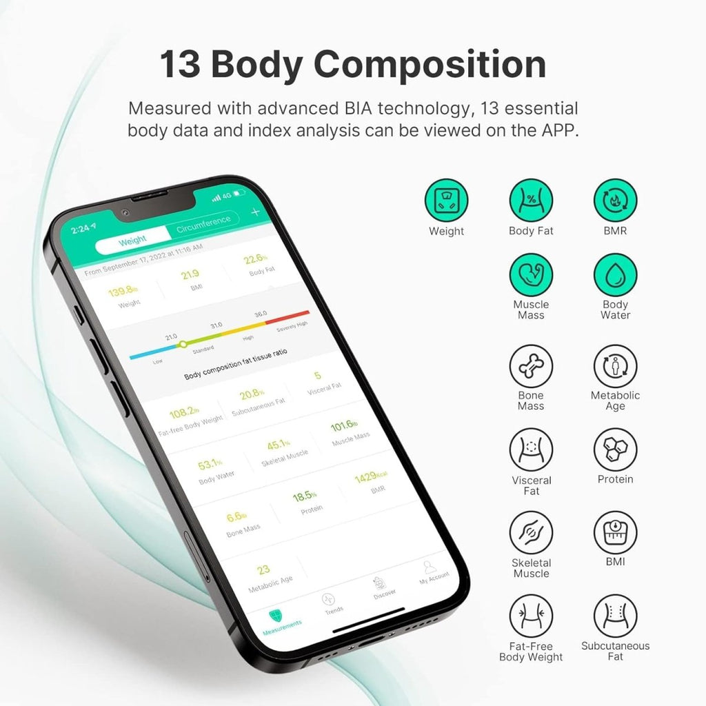 Black FITINDEX Smart Digital Bathroom Scale with 13 body composition metrics, including BMI, body fat, muscle mass, and weight up to 400 lbs.