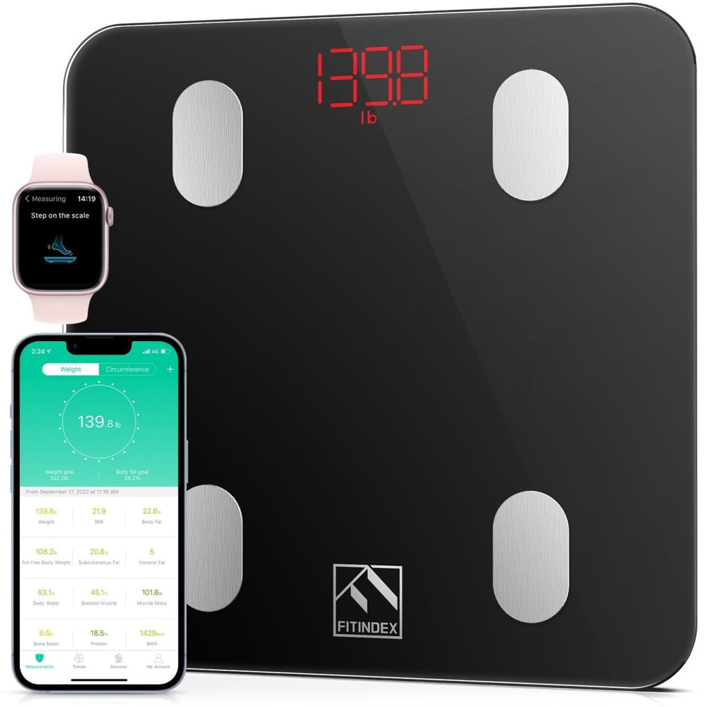 Black FITINDEX Smart Digital Bathroom Scale with 13-body composition analysis, showing weight, BMI, body fat, muscle mass, and app sync.