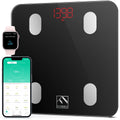 Black FITINDEX Smart Digital Bathroom Scale with 13-body composition analysis, showing weight, BMI, body fat, muscle mass, and app sync.