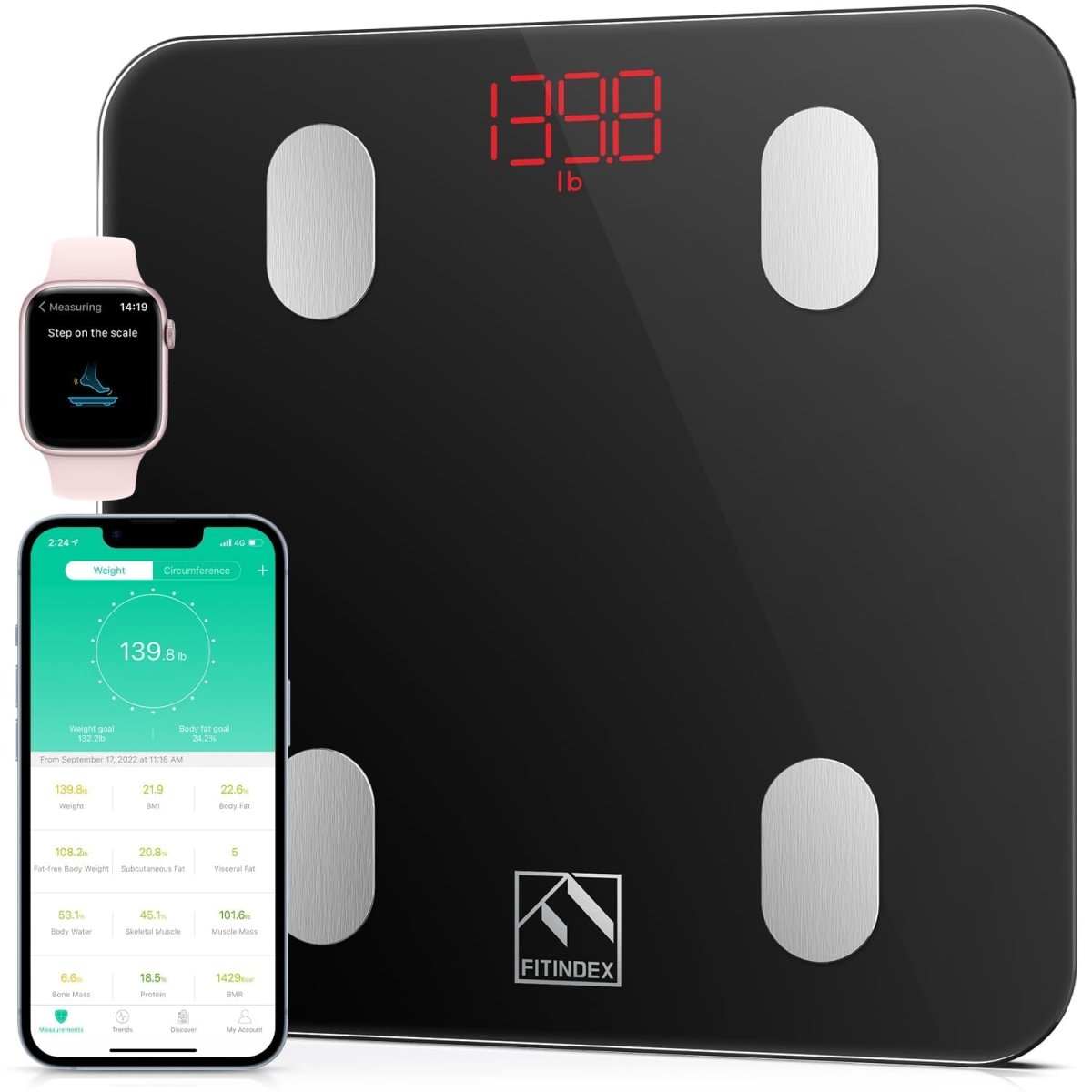 Black FITINDEX Smart Digital Bathroom Scale with 13-body composition analysis, showing weight, BMI, body fat, muscle mass, and app sync.