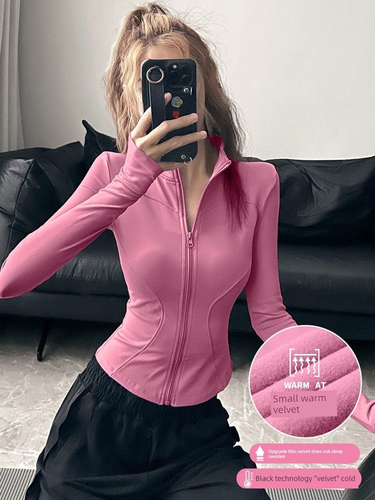 Fleece-lined stand collar yoga jacket for women by Showlu Fashion, worn by a fitness girl during a Pilates workout.