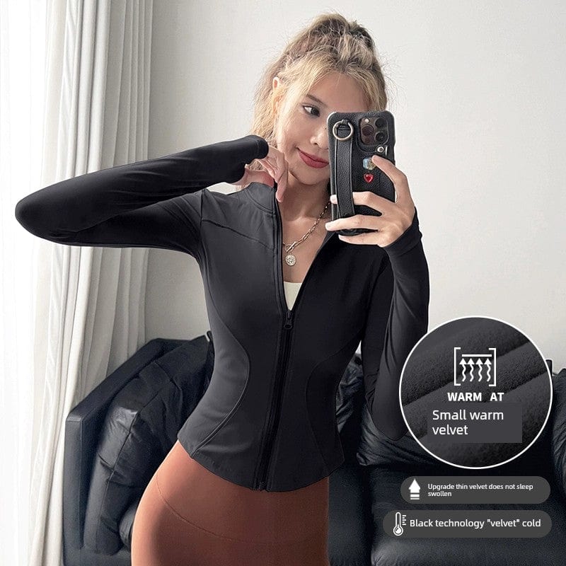 Fleece-lined women's yoga jacket with stand collar by Showlu Fashion, perfect for autumn workouts and athletic wear.
