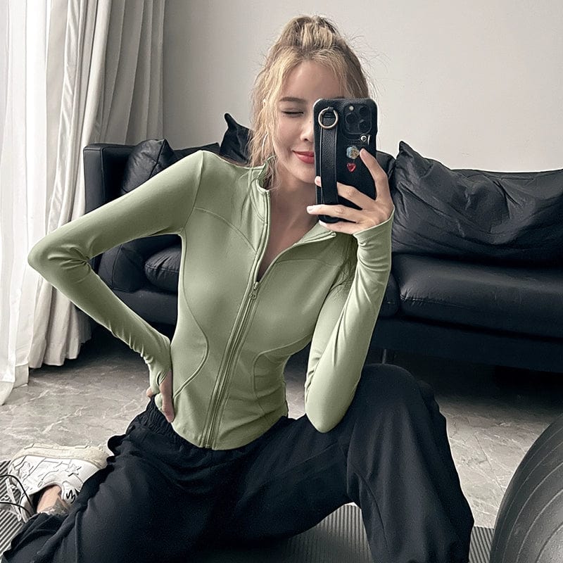Fleece-lined women's stand collar yoga jacket by Showlu Fashion Store, perfect for autumn fitness and Pilates workouts.