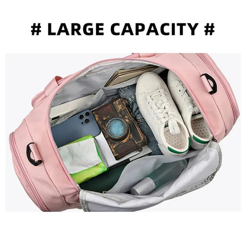 Large SHOWLU FASHION STORE gym bag with shoe compartment, wet pocket, and shoulder strap, ideal for fitness, travel, and sports activities.