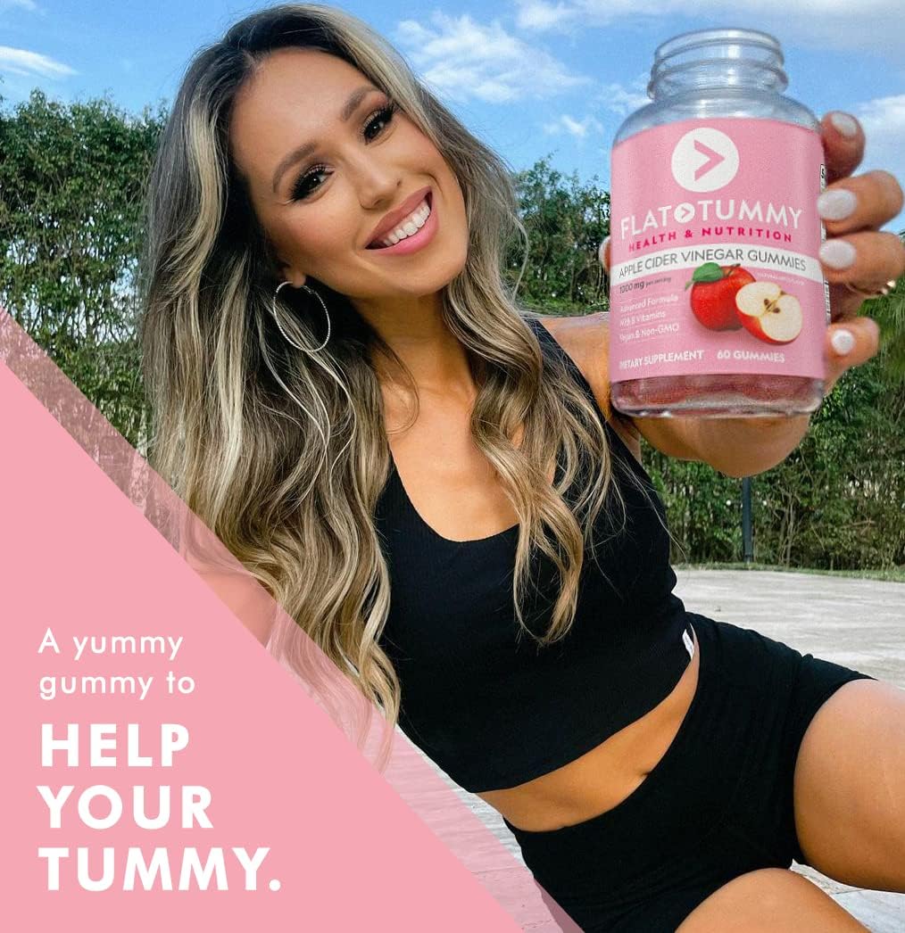 Flat Tummy Apple Cider Vinegar Gummies by Showlu Fashion Store, vegan detox and energy supplement with apples, beetroot, and vitamins.