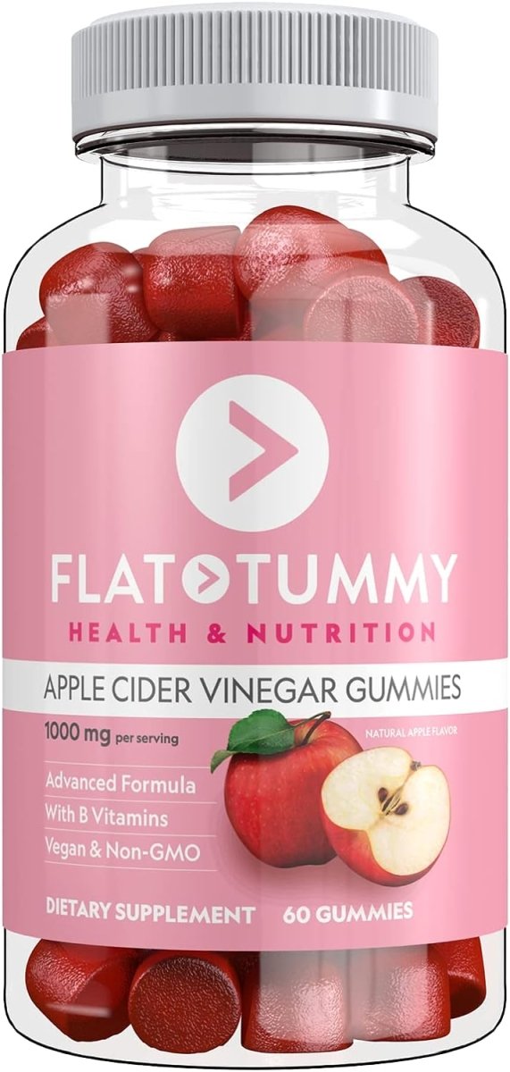 Flat Tummy Apple Cider Vinegar Gummies by Showlu Fashion Store, vegan detox and energy supplement with apples, beetroot, and vitamins.