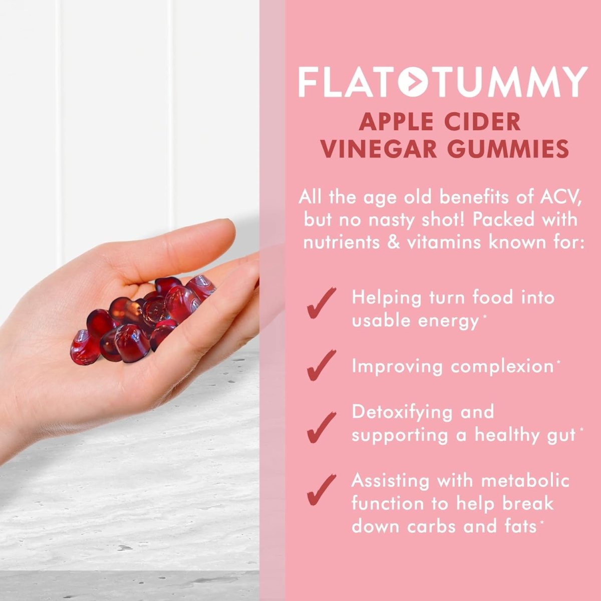 Flat Tummy Apple Cider Vinegar Gummies by Showlu Fashion Store, vegan detox and energy supplement with apples, beetroot, and vitamins.