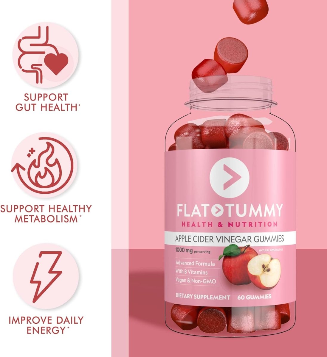 Flat Tummy Apple Cider Vinegar Gummies by Showlu Fashion Store, vegan detox and energy support with apple, beetroot, and B6 vitamins.