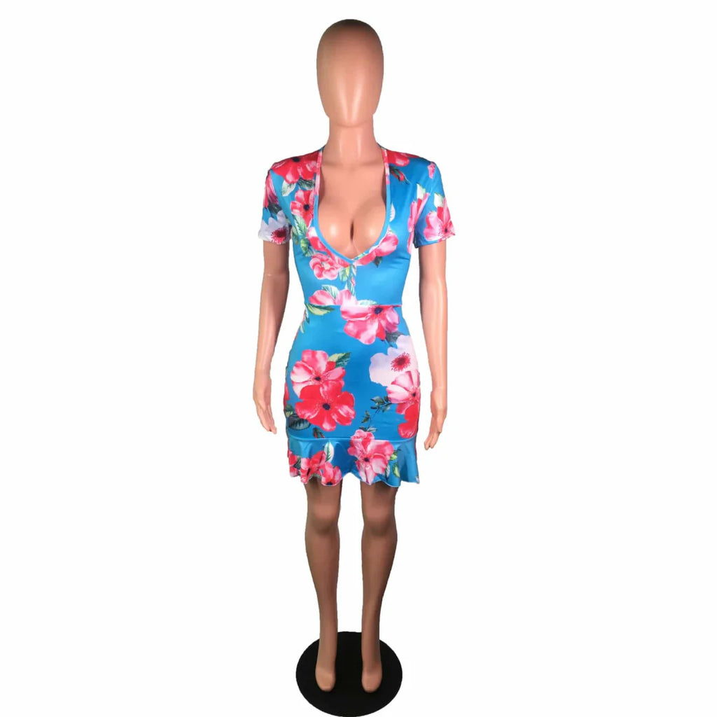 Showlu floral lace-up backless mini dress with sexy V-neck and ruffled details, perfect for stylish evening or summer wear.