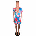 Showlu floral lace-up backless mini dress with sexy V-neck and ruffled details, perfect for stylish evening or summer wear.