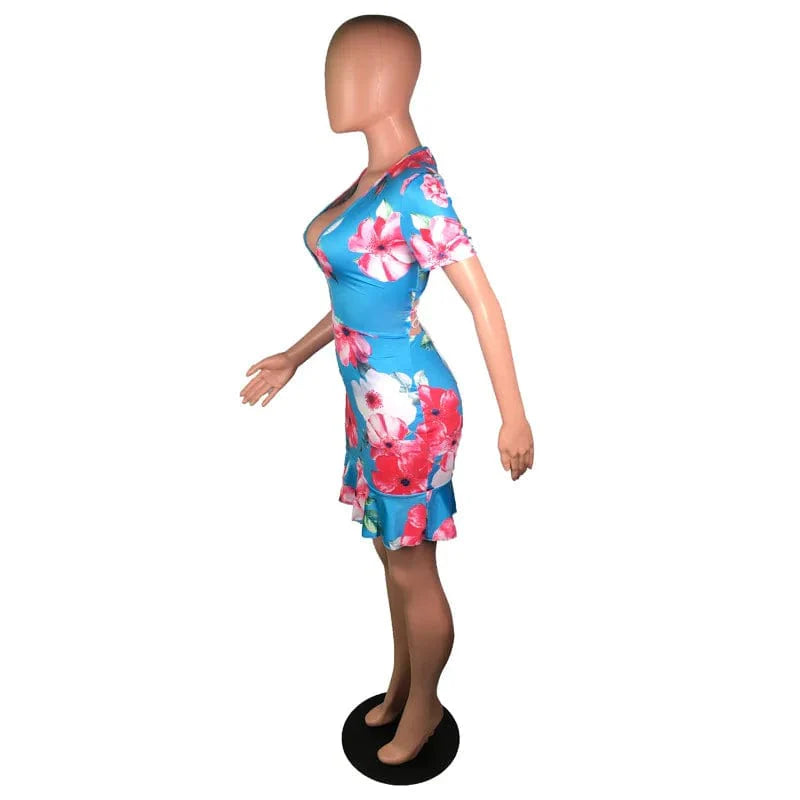 Showlu floral lace-up backless mini dress with ruffled V-neck design, perfect for stylish, sexy summer or evening wear.