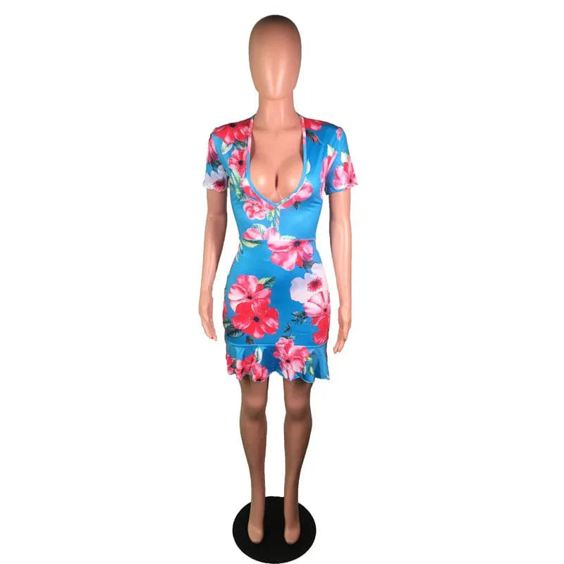 Showlu floral lace-up backless mini dress with sexy V-neck and ruffled details, perfect for stylish summer occasions.