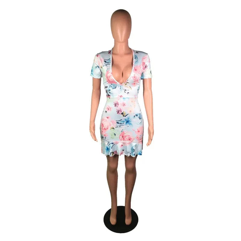 Showlu floral lace-up backless mini dress with sexy V-neck and ruffled details, perfect for stylish summer or party wear.