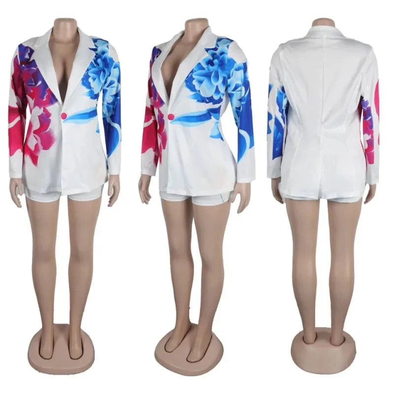 Women's floral print 2-piece blazer and shorts set by SHOWLU FASHION, perfect for elegant office or party wear.