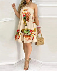 Floral Print Halter Neck Dress Boho Backless Halter Dress For Spring Summer Women's Clothing - SHOWLU FASHION STORE