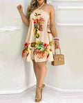 SHOWLU FASHION floral print halter neck boho mini dress with backless style, perfect for spring and summer women's fashion.