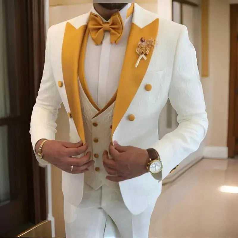 Men's floral 3-piece wedding suit by SHOWLU FASHION STORE featuring a double-breasted tuxedo jacket, vest, and pants with peak lapels.