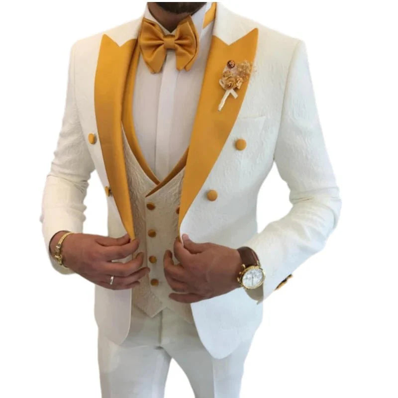 Men's floral wedding suit by SHOWLU FASHION STORE featuring a double-breasted tuxedo with vest, pants, and peak lapel for groom attire