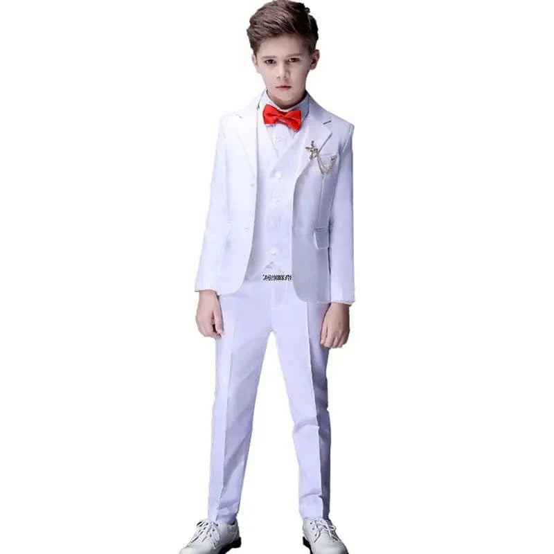 White boys' wedding suit set by Showlu Fashion for formal occasions, featuring a classic cotton tuxedo and dress shirt.