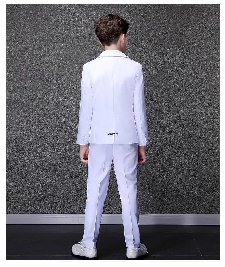 White boys' wedding suit by Showlu Fashion, including a formal cotton tuxedo dress set for special occasions and ceremonies.