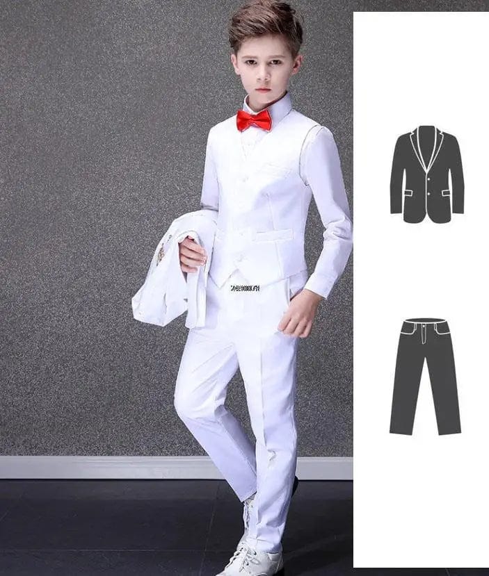 White boys' wedding suit by Showlu Fashion, formal cotton tuxedo dress set for baptism, wedding, or special occasions.