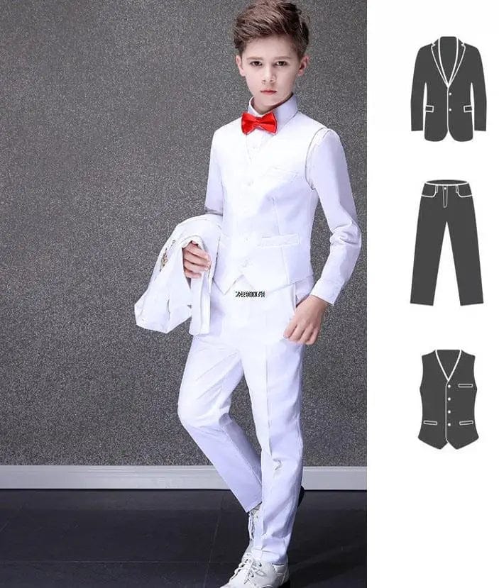 Boy's white wedding suit by Showlu Fashion Store, formal cotton tuxedo dress set for special occasions and celebrations.