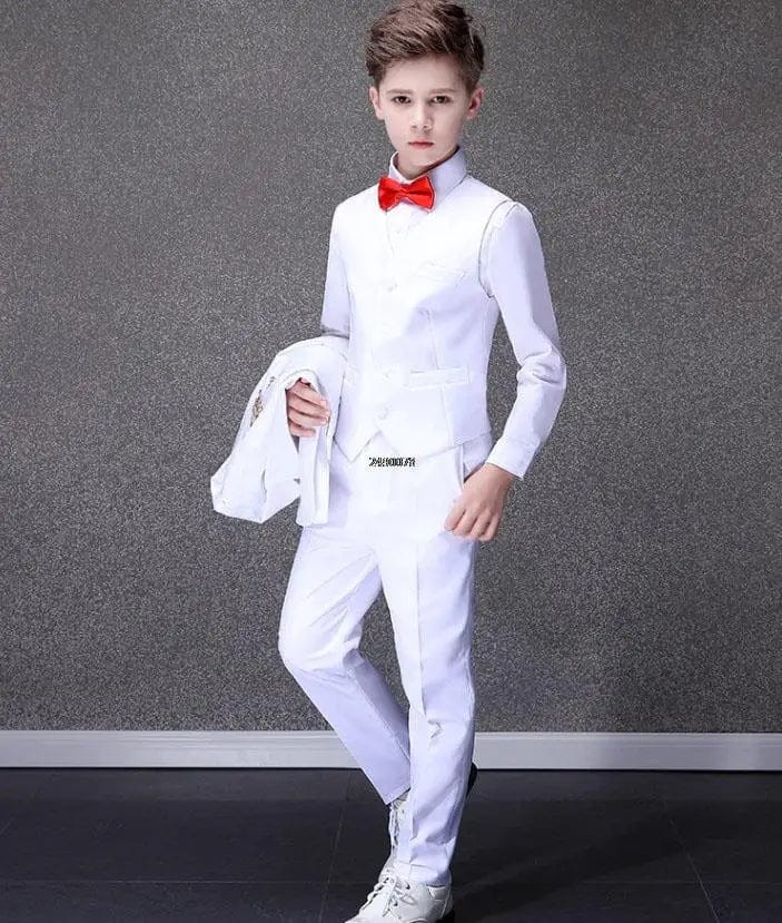 White boys' wedding suit set by Showlu Fashion, includes formal cotton tuxedo dress for special occasions and celebrations.
