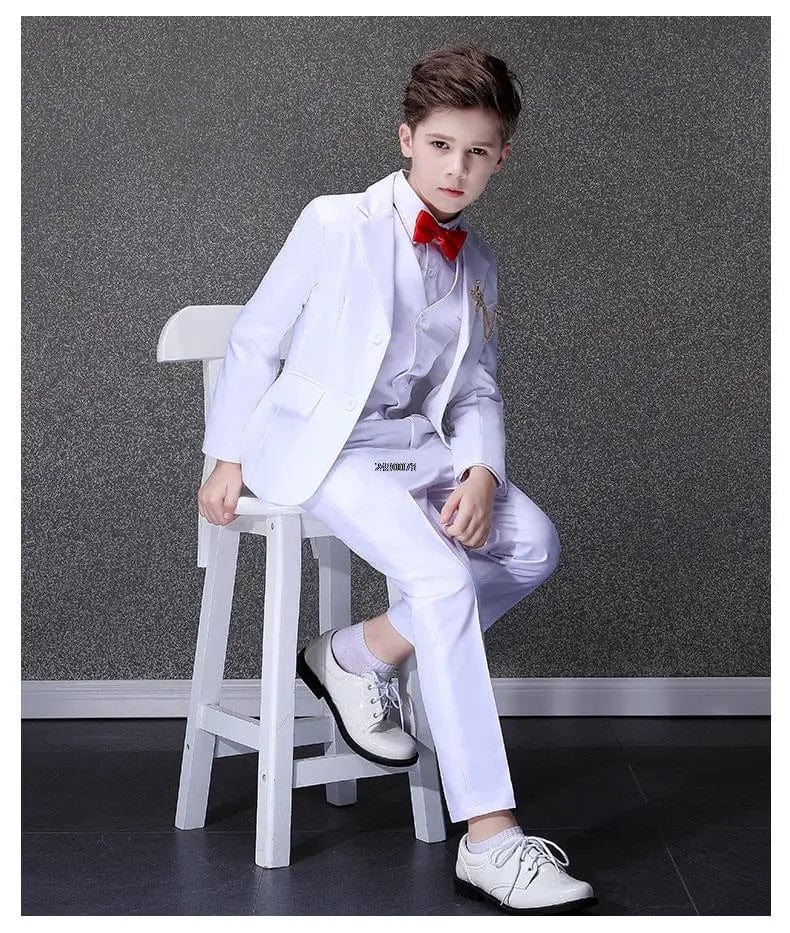 White boys' wedding suit by Showlu Fashion Store, formal cotton tuxedo dress set with jacket, shirt, and bow tie for special occasions.