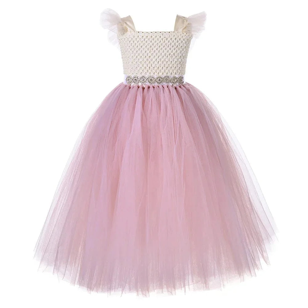 Showlu Flower Girls vintage lace sequins tulle party gown with ruffles and floral details, perfect for special occasions and pageants.