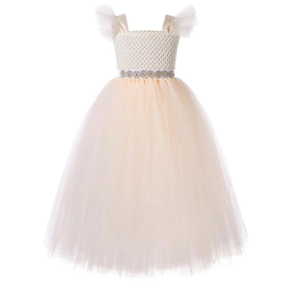 Showlu Flower Girls vintage lace sequins tulle party gown with ruffles, ideal for special occasions and pageants.