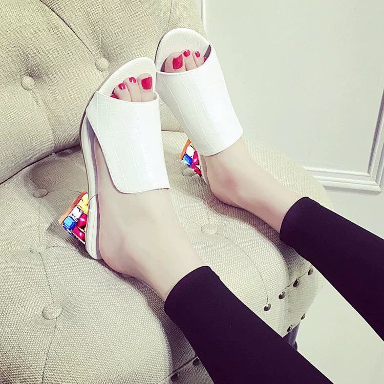 Showlu Flower Heel transparent women's sandals with chunky patent leather soles, mid-heel slip-on summer slippers.