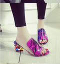Showlu Flower Heel transparent sandals with patent leather chunky mid-heel, slip-on design, perfect for summer women's fashion.
