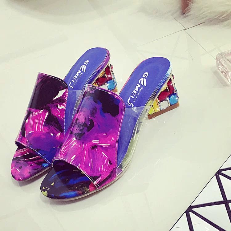 Showlu Flower Heel transparent sandals with patent leather, chunky mid-heel, slip-on design, perfect for summer women's footwear.