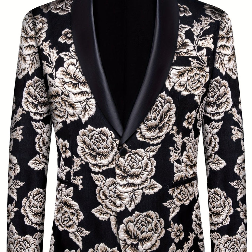 Men's SHOWLU FASHION floral pattern blazer with flap pockets and lapel, classic polyester suit jacket for casual or business wear.