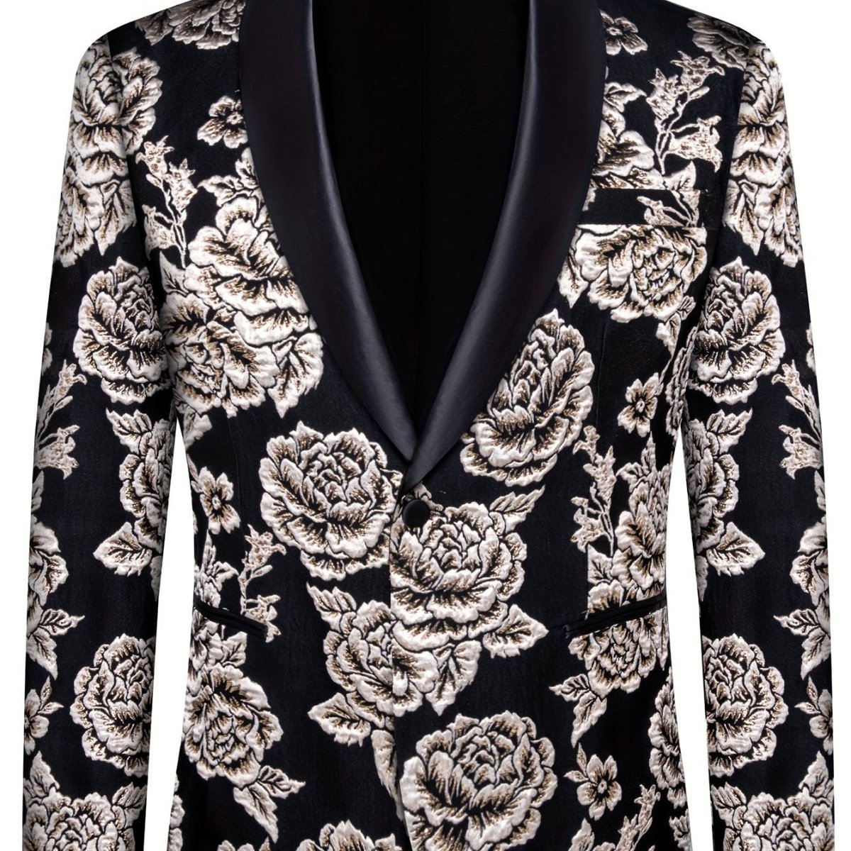 Men's SHOWLU FASHION floral pattern blazer with flap pockets and lapel, classic polyester suit jacket for casual or business wear.