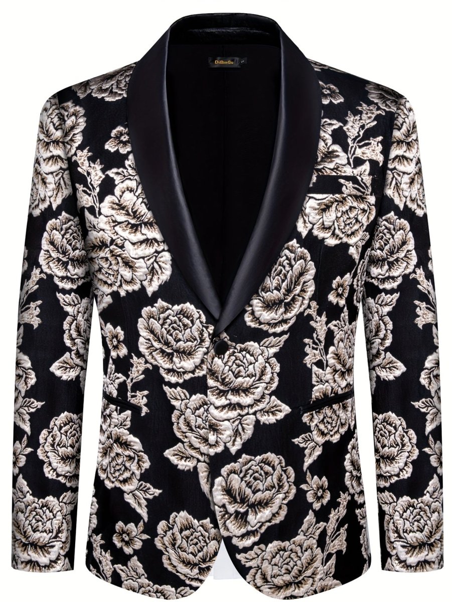 SHOWLU FASHION men's flower pattern blazer with flap pockets and lapel, stylish polyester suit jacket for casual or business wear.