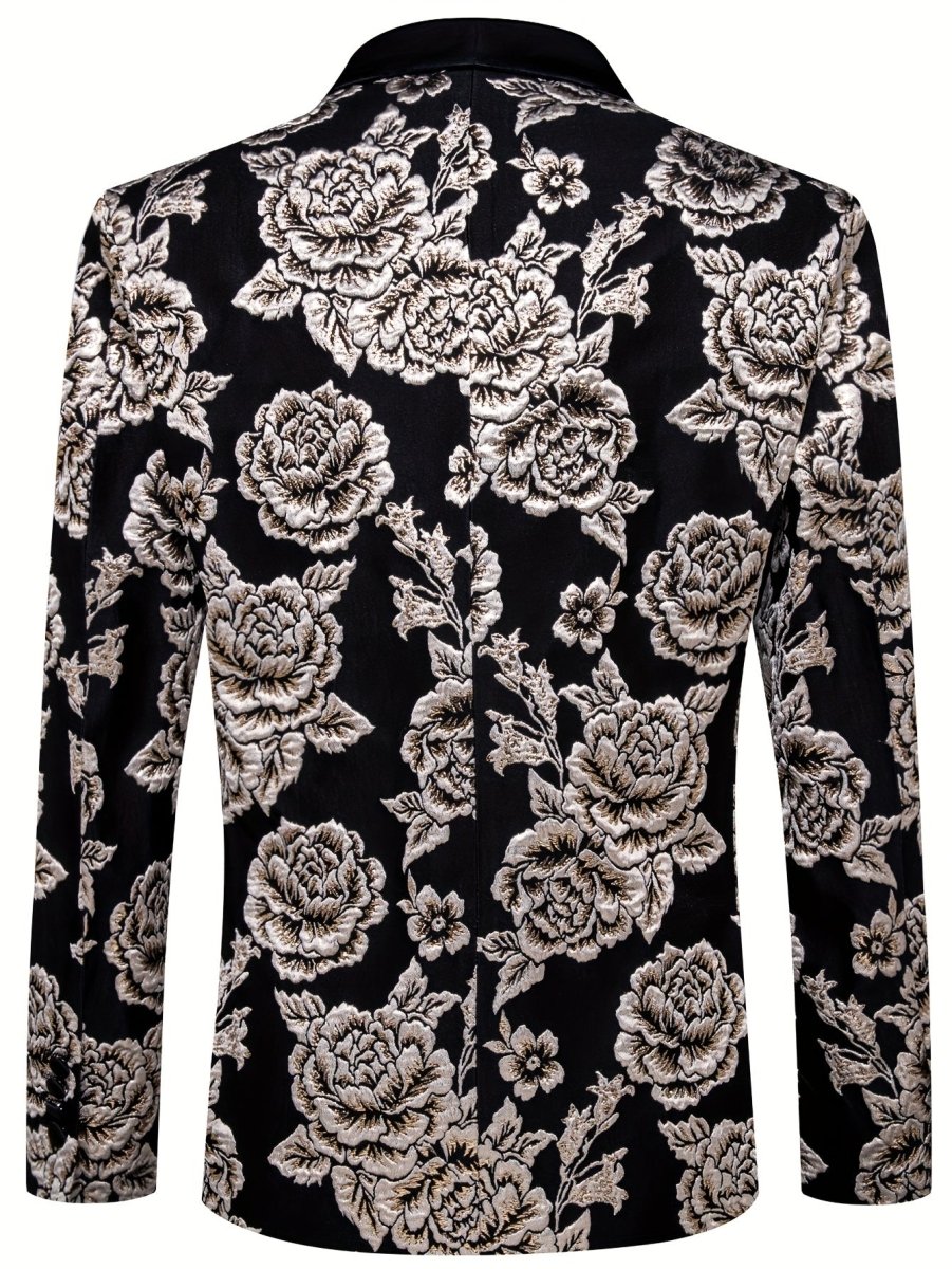 Men's SHOWLU FASHION floral pattern blazer with flap pockets, lapel collar, classic polyester suit jacket for casual or business wear.