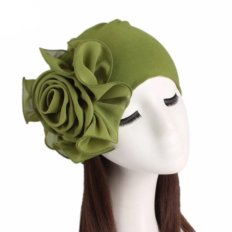 Flower print Muslim turban hat for women, chemo cancer beanie cap with vibrant floral design and comfortable head covering.