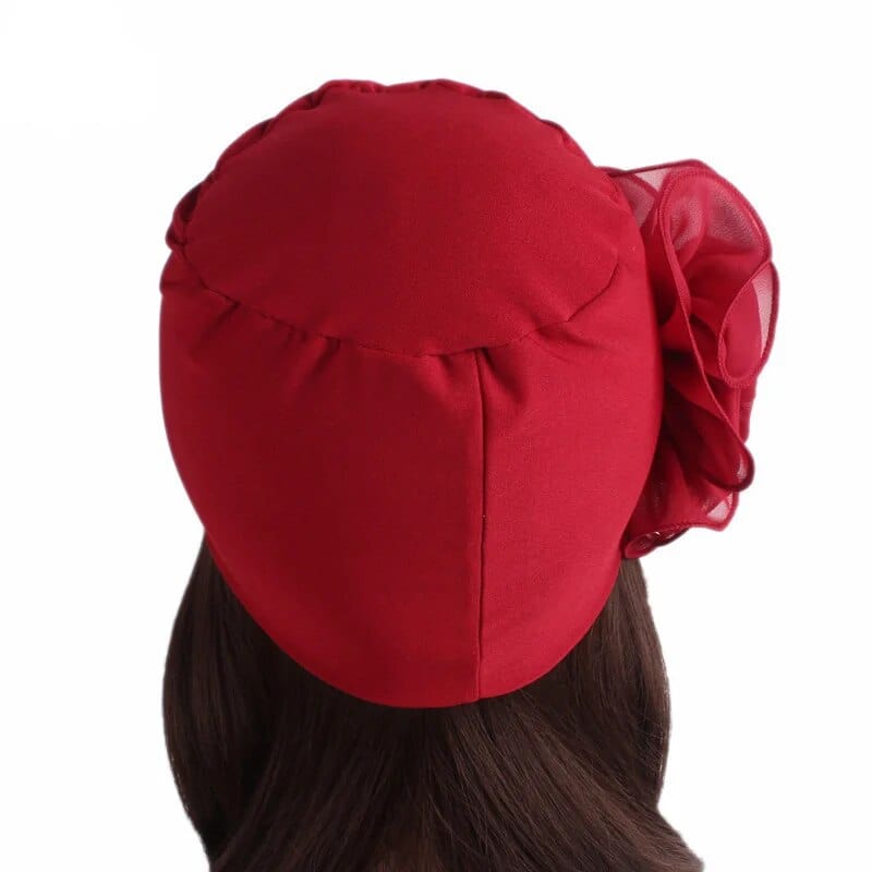 Flower print Muslim turban hat for women, chemo cancer beanie cap with floral design, head covering for hair loss or everyday wear.