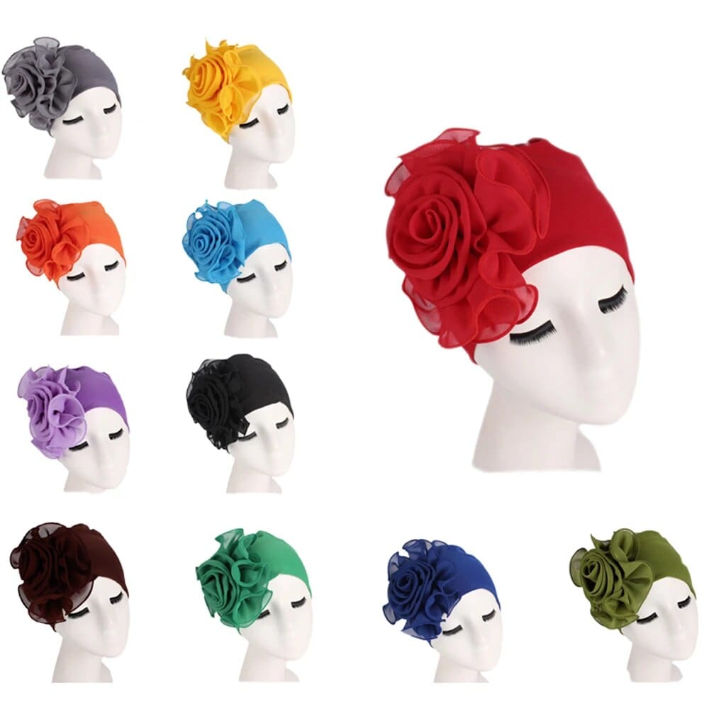 Flower print Muslim turban hat for women, stylish chemo cancer beanie cap with vibrant floral design, head covering for hair loss.