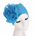Flower print Muslim turban hat for women, stylish chemo cancer beanie cap with floral design and comfortable head covering.