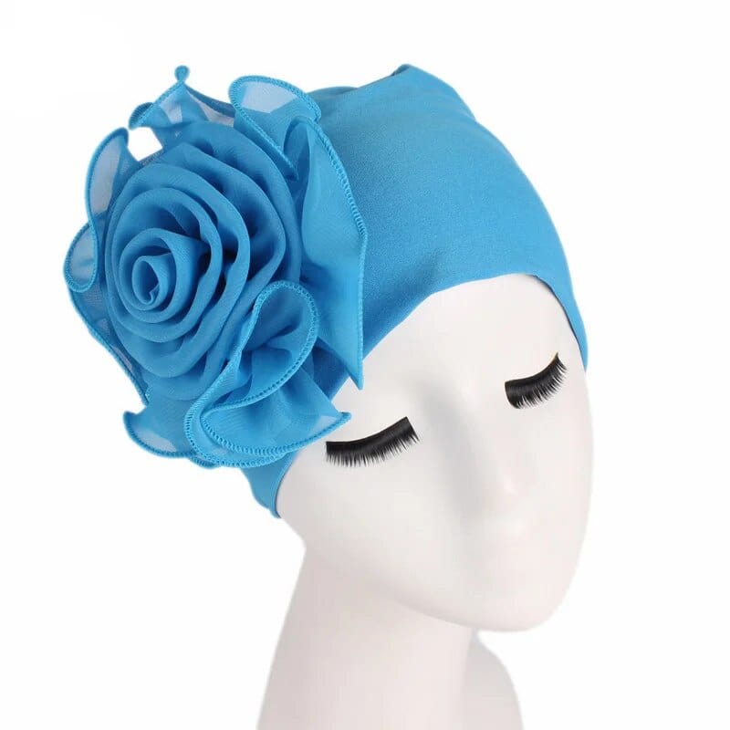 Flower print Muslim turban hat for women, stylish chemo cancer beanie cap with floral design and comfortable head covering.