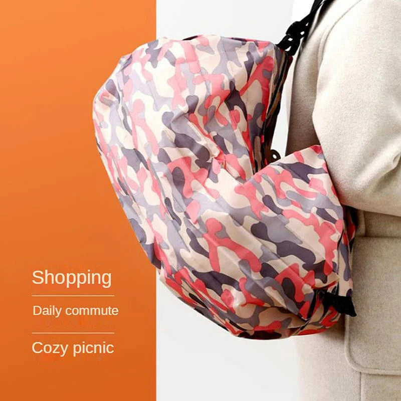 Large capacity SHOWLU FASHION STORE STACEYO foldable nylon shopping bag with handle, camouflage design for travel and shopping.