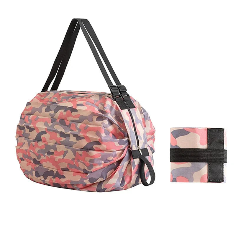 Large camouflage foldable nylon shopping bag with handle, spacious travel handbag suitable for groceries and everyday use.