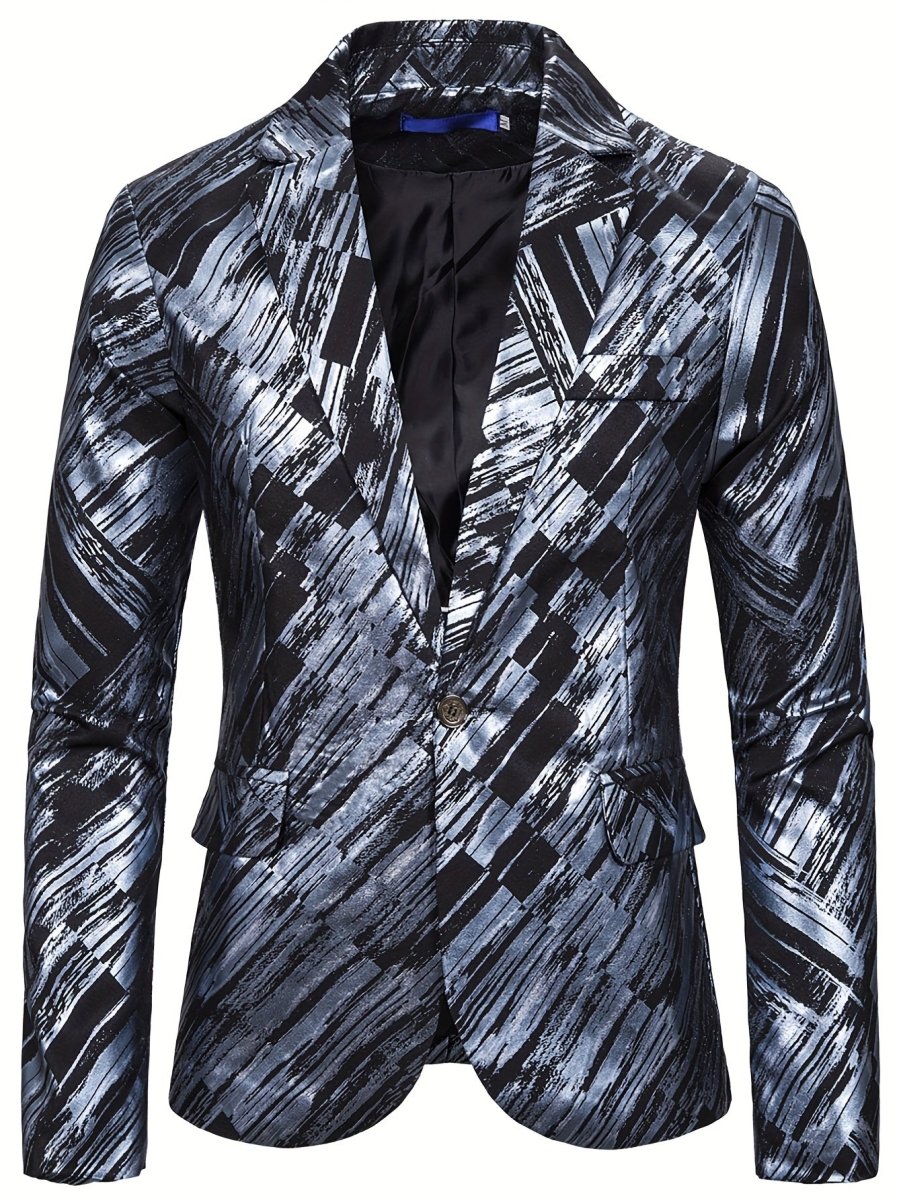 SHOWLU men's slim fit suit jacket with geometric pattern, polyester blazer featuring western and Middle Eastern-inspired diagonal design.