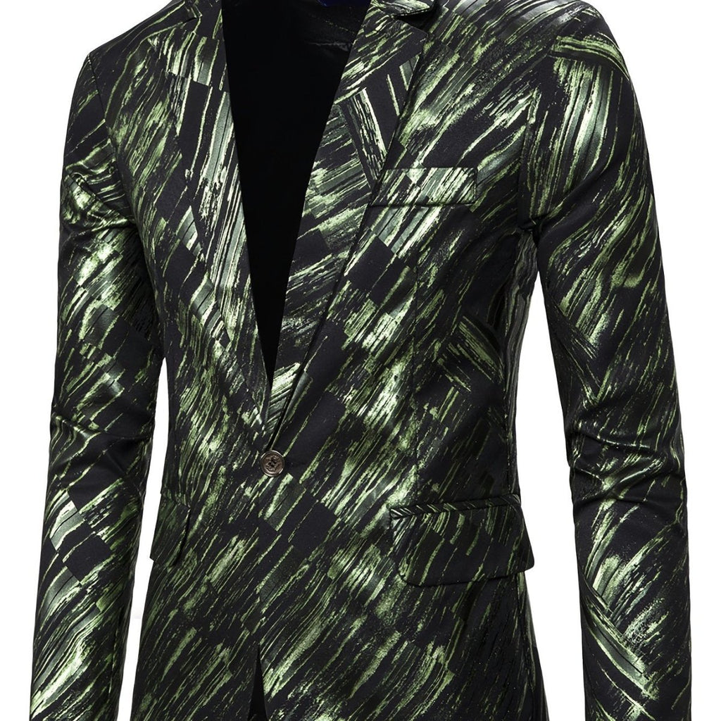 Men's SHOWLU slim fit blazer with geometric pattern, polyester suit jacket featuring Western and Middle Eastern-inspired diagonal design.