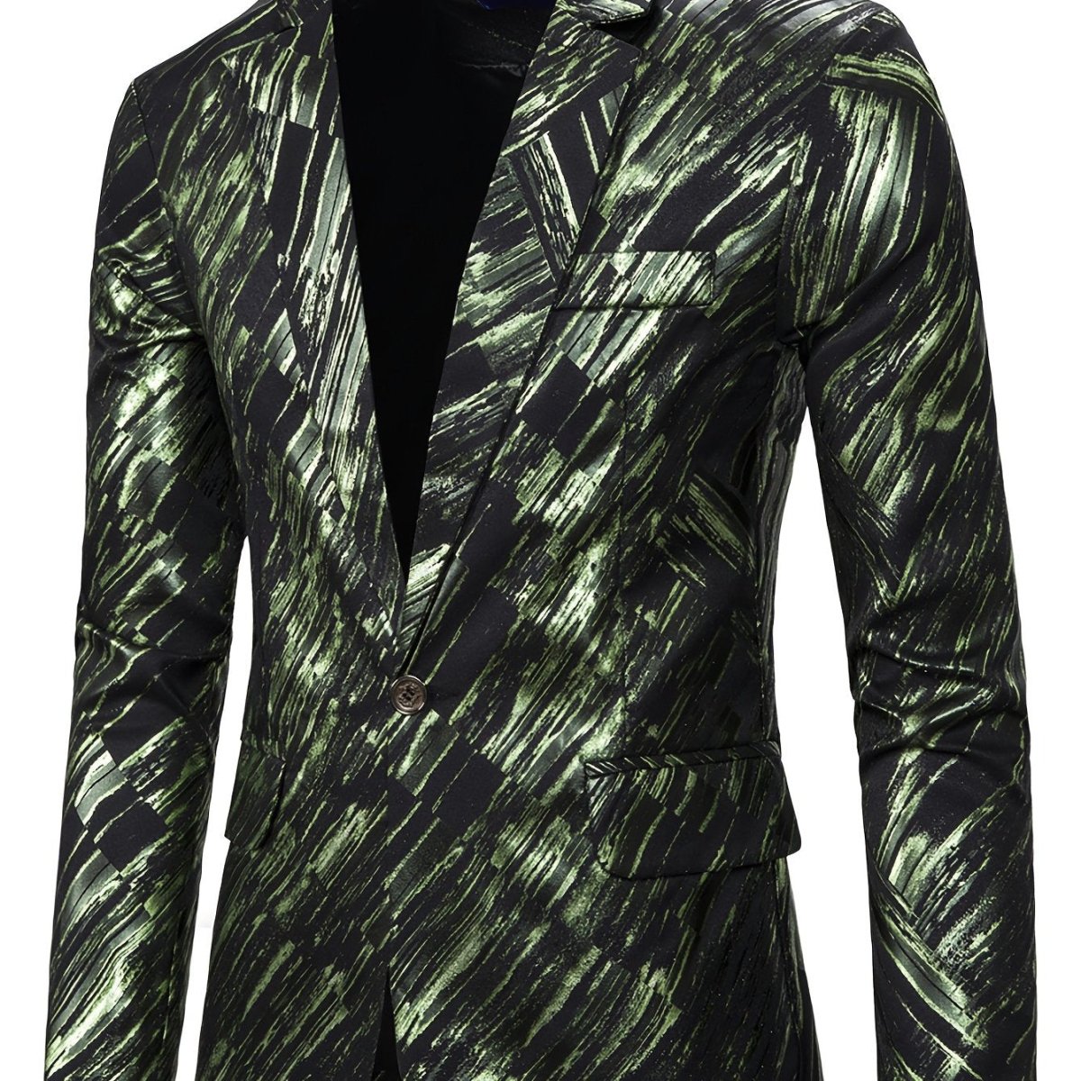 Men's SHOWLU slim fit blazer with geometric pattern, polyester suit jacket featuring Western and Middle Eastern-inspired diagonal design.
