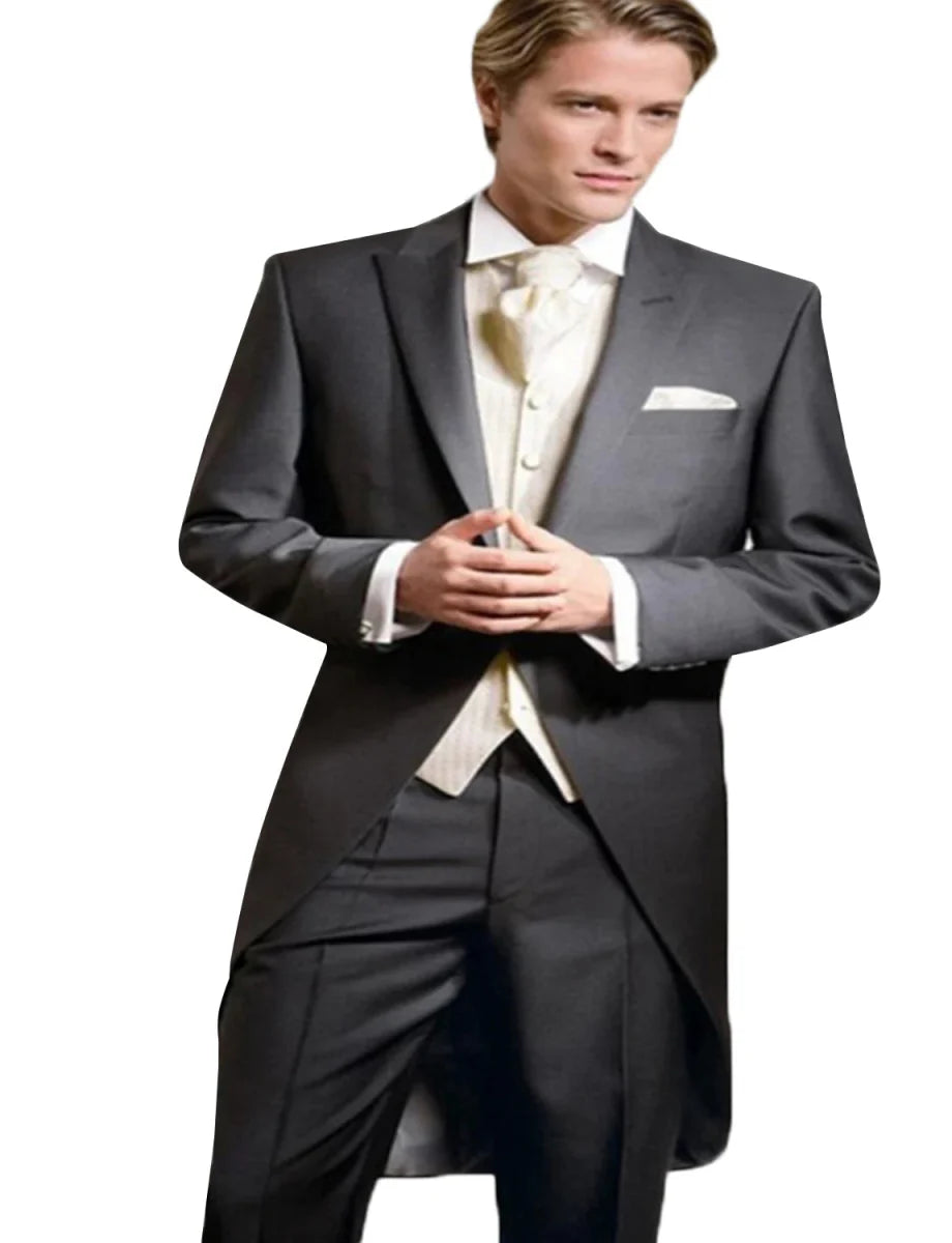 Kromoc Men's 3-Piece Swallow-Tailed Tuxedo Suit by SHOWLU FASHION STORE, black slim fit wedding groom tuxedo with peak lapel jacket.