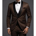 Men's brown 3-piece suit with black shawl lapel, slim fit, jacket, vest, and pants, ideal for formal events and special occasions.